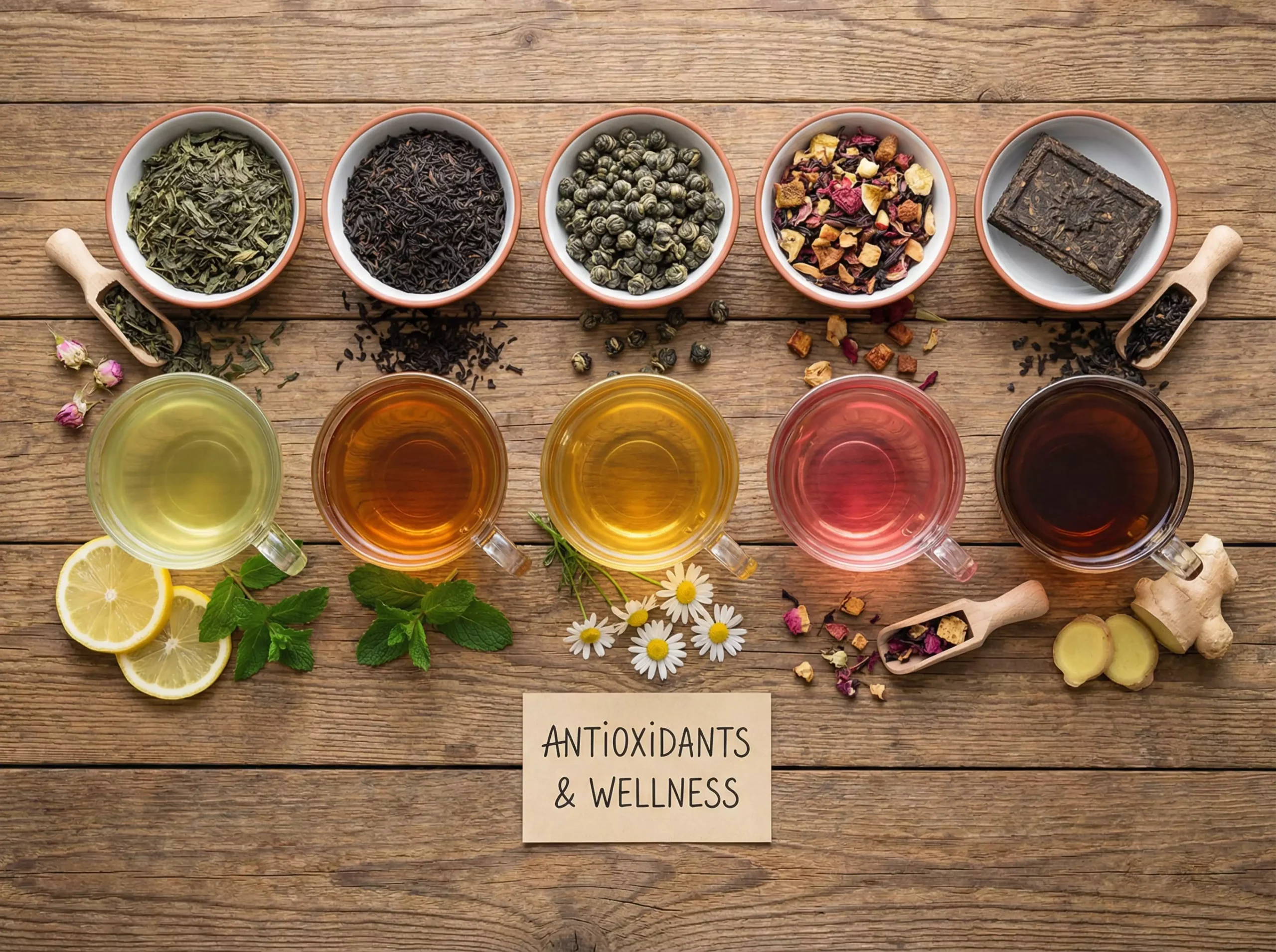 A beautiful top-view arrangement of various types of tea including green tea leaves, black tea, oolong, herbal infusions, and pu-erh, with cups of brewed tea 