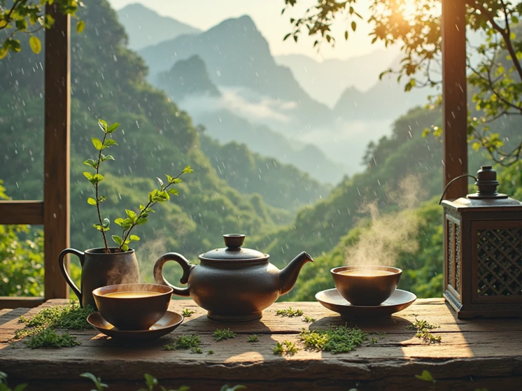 Weather Effects on Tea Tasting A serene tea scene showing sunny, windy, and rainy weather elements integrated into a tea tasting setting