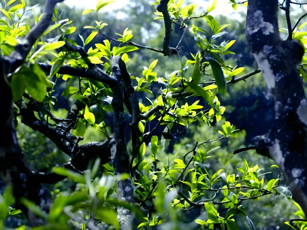 Close up of ancient tea tree bark and new spring buds in Yunnan