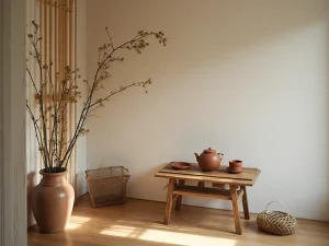 A tiny minimalist kitchen corner transformed into a Zen tea space, small wooden table with a clay teapot and cup, soft light, clean and uncluttered, atmosphere of sacred simplicity,