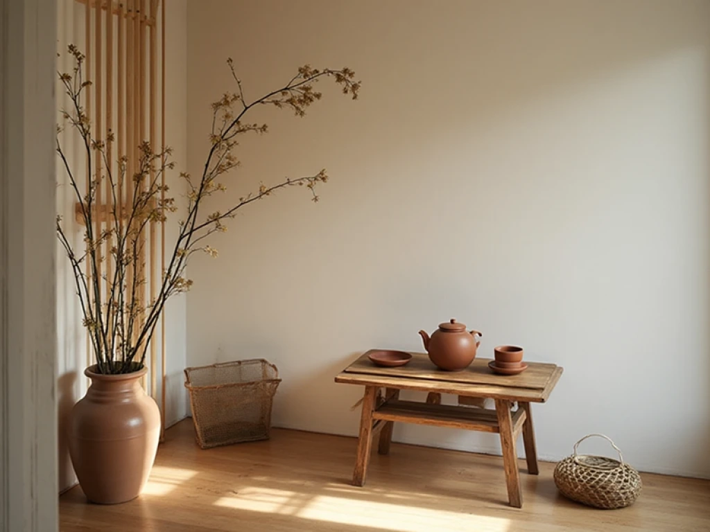 A tiny minimalist kitchen corner transformed into a Zen tea space, small wooden table with a clay teapot and cup, soft light, clean and uncluttered, atmosphere of sacred simplicity