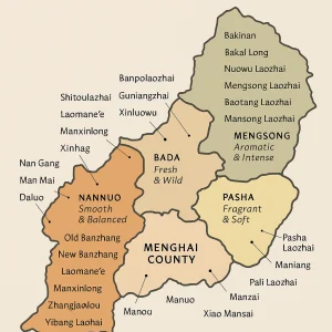 A map of the Menghai tea region, with tea-growing areas and famous mountains marked on it, indicating the tea-producing areas