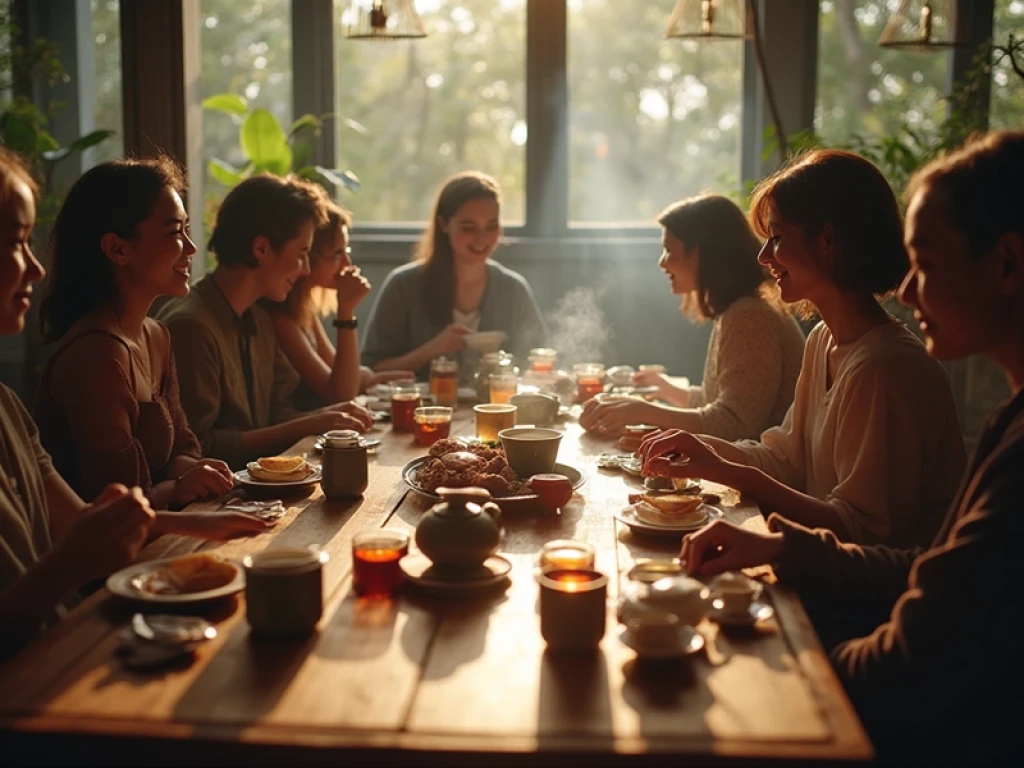 A cozy modern tea party setting, friends gathered around a wooden tea table with teaware and cups, natural sunlight streaming in through windows, soft warm tones, relaxed and welcoming atmosphere, Chinese and Western teaware mixed, focus on togetherness and joy