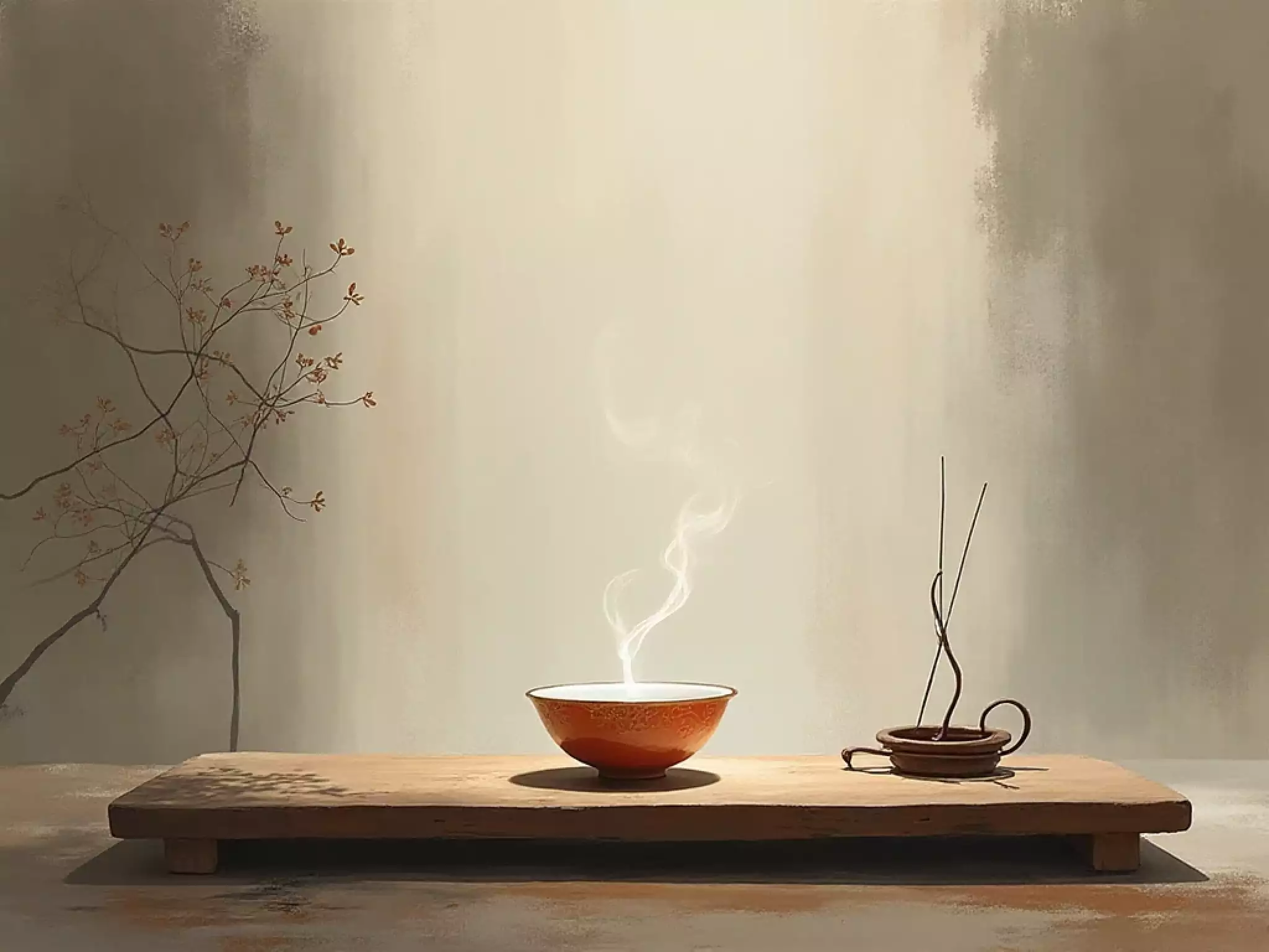 A serene morning scene with a wooden tea table near a window, soft sunlight shining on a steaming porcelain gaiwan of raw Pu-erh, minimal Zen-style decor, warm natural tones.