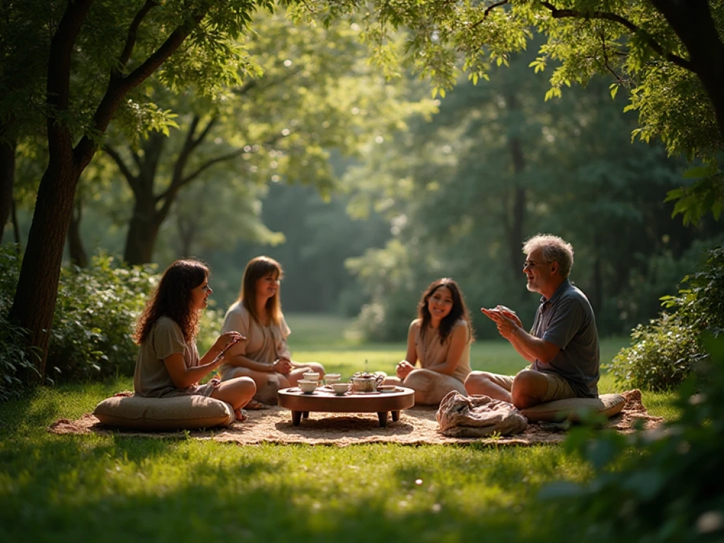 Outdoor tea party in a lush green garden, small group of people sitting on cushions and chairs, wooden tea tray on a low table with teaware, dappled sunlight through leaves, serene and refreshing atmosphere