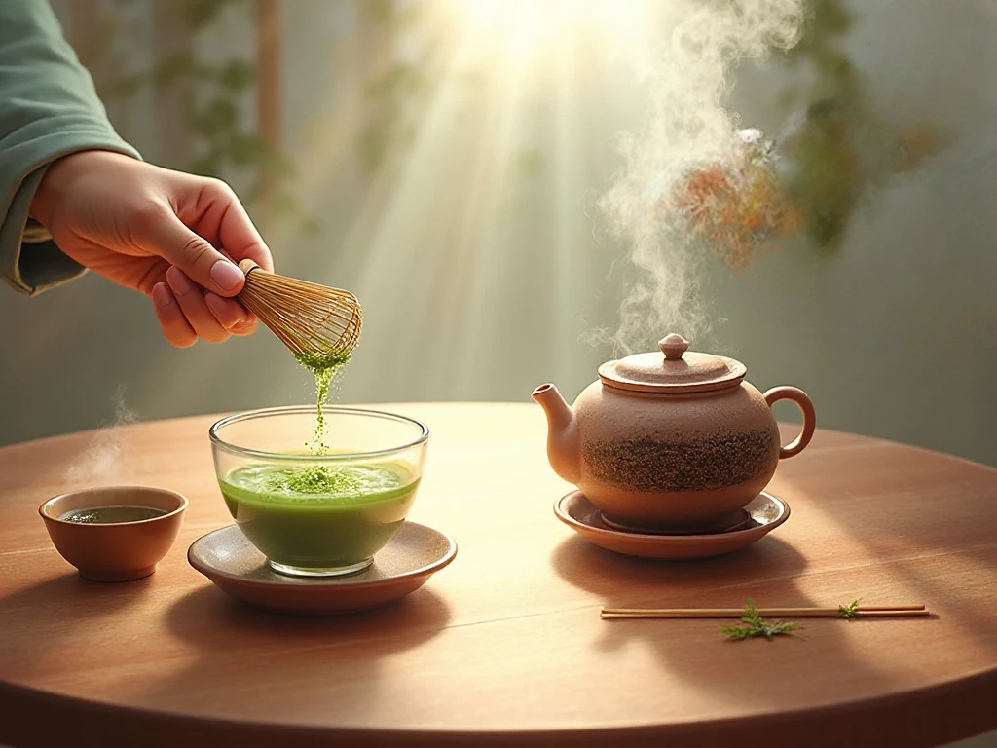 “Step-by-step tea preparation scene: bamboo whisk frothing matcha in one frame, clay teapot pouring BLACK tea in another”
