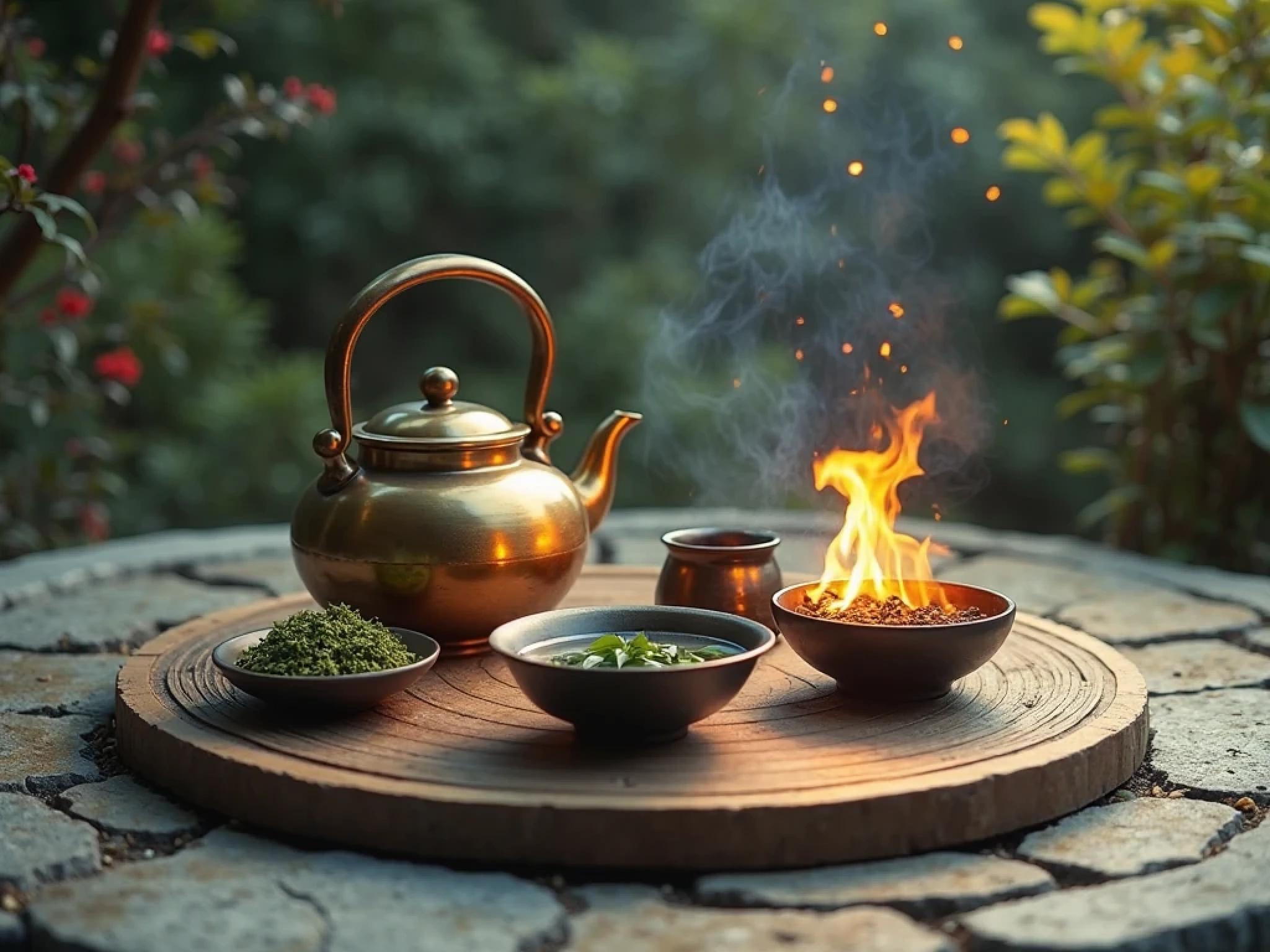 A symbolic representation of the Five Phases (Wuxing) in a tea ceremony: a metal kettle (Gold) glowing with resolve, tea leaves (Wood) unfurling in a lidded bowl, flowing water (Water) with a wise ripple, a small fire (Fire) transforming the scene with dynamic energy, and a ceramic bowl (Earth) grounding it all.