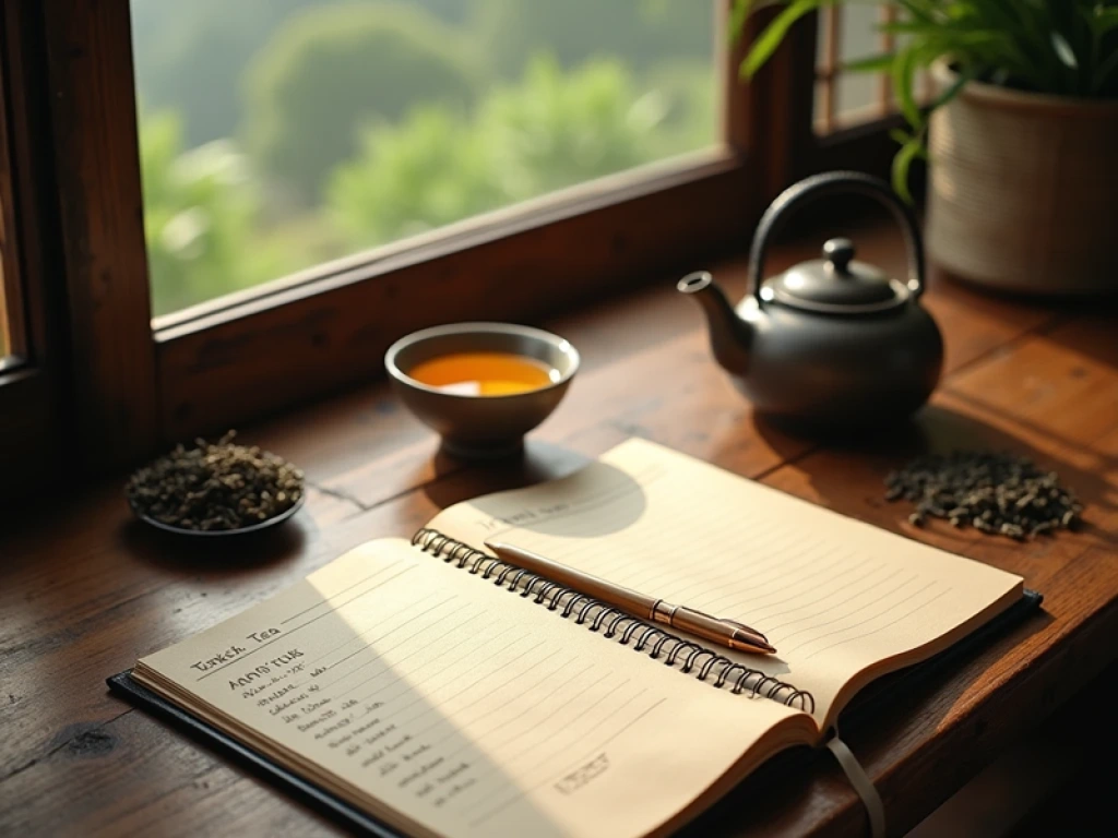 A gaiwan, teapot, and cup of freshly brewed Pu-erh tea with a small open notebook on a wooden table
