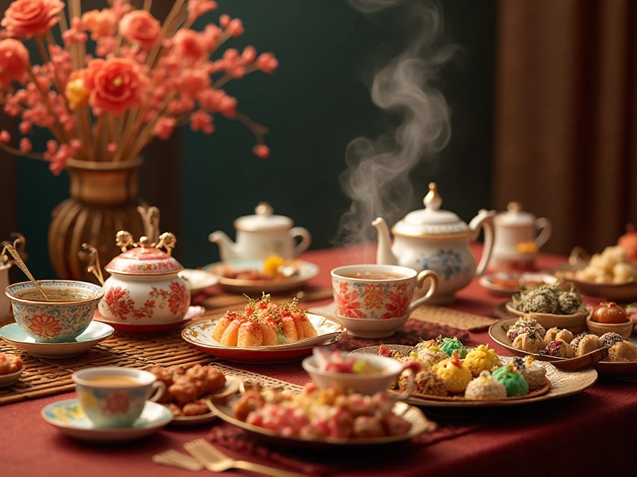 A vibrant milk tea party setup with Yunnan teas, bamboo coasters, and colorful straws on a floral-decorated table