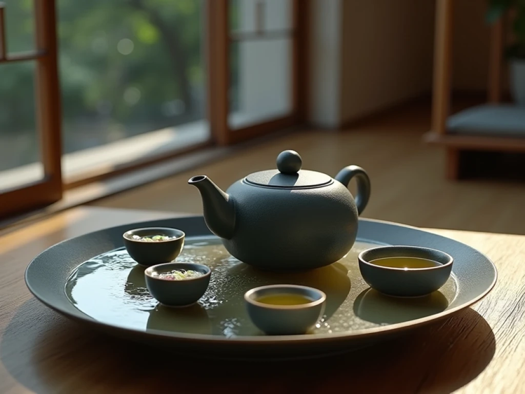 Traditional wet brewing tea setup with a large porcelain tray