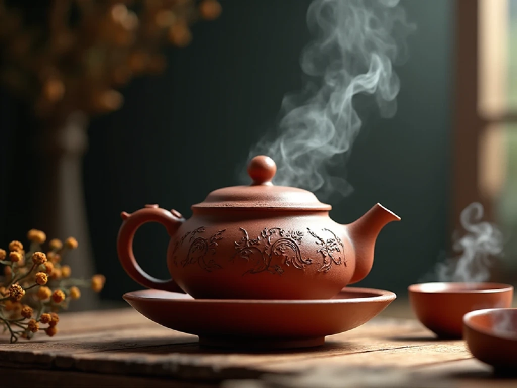 Earth-toned Shou pu-erh tea brewing in a traditional Yixing clay teapot for digestive wellness and workplace stress relief