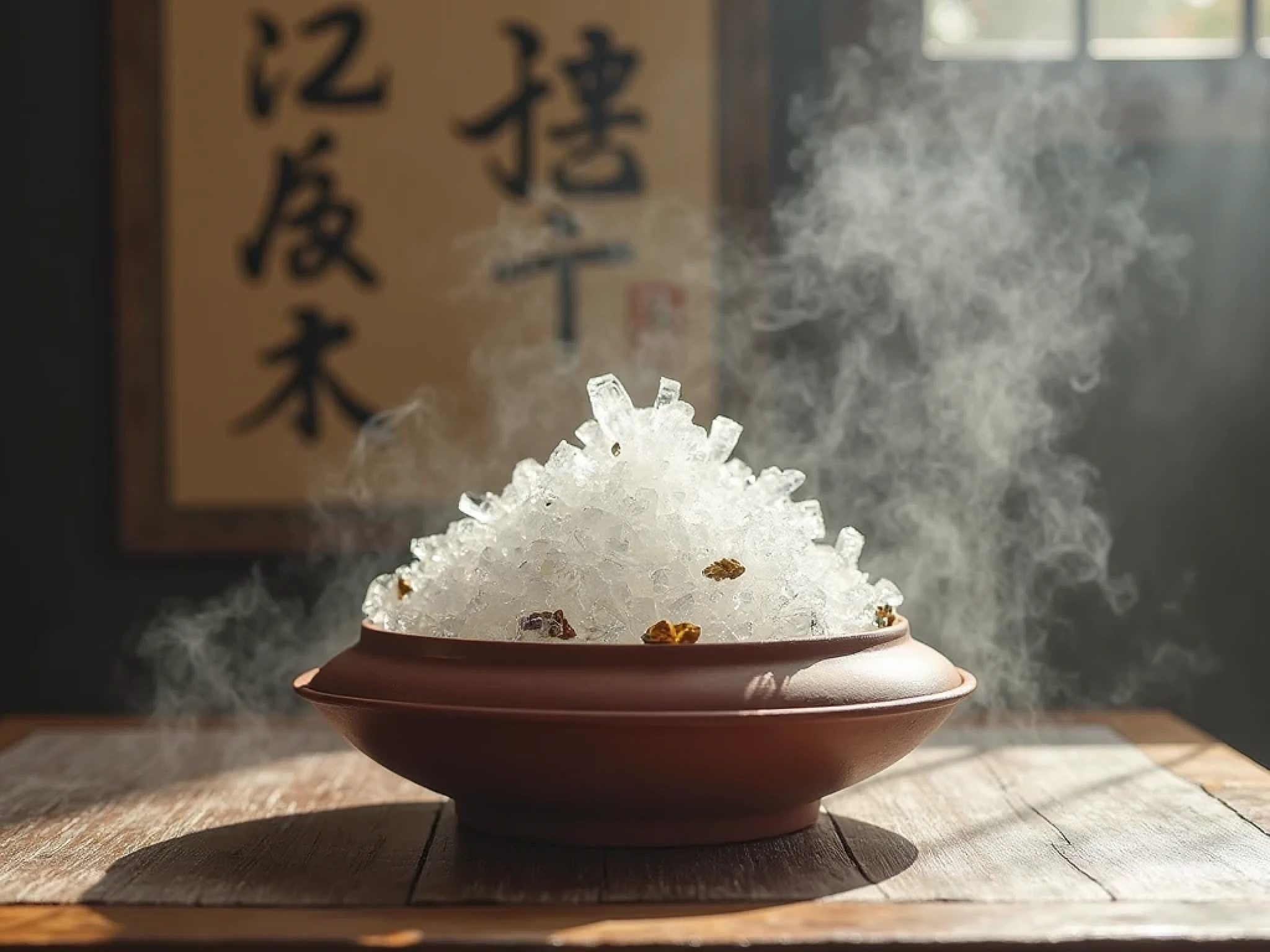 Ancient Chinese teapot designed for ice-melt cold brewing on a wooden tray