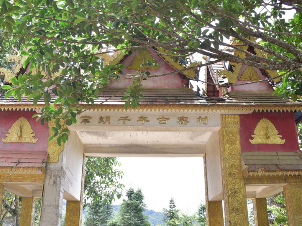 A carved wooden sign marking the entrance to Zhanglang Millennium Ancient Village in the Bulang Mountains, Yunnan, representing village-level tea sourcing