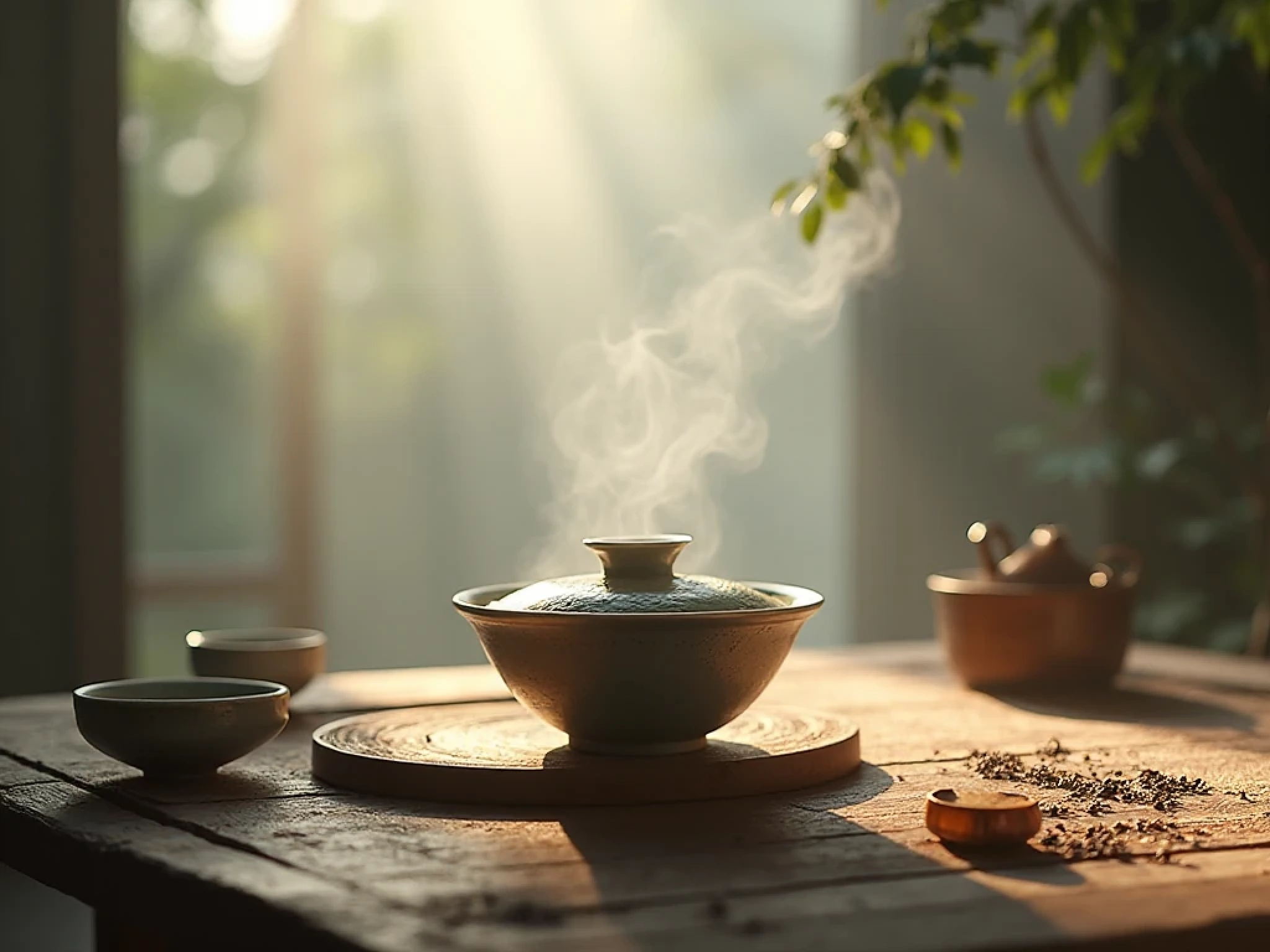 A serene tea tasting environment featuring a white porcelain gaiwan with ancient-tree raw Pu’er leaves and gentle steam rising, symbolizing Cha Qi.