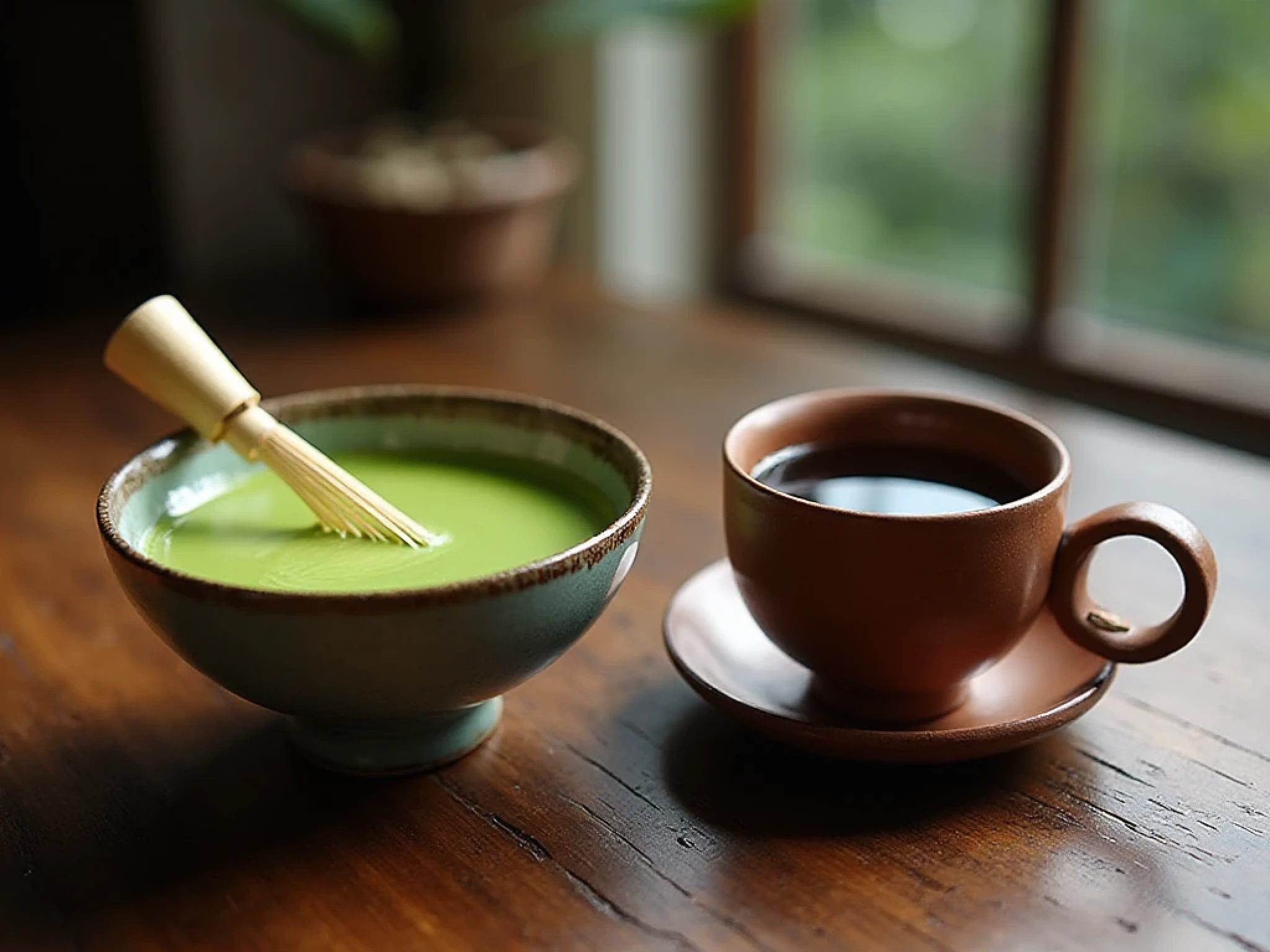 A serene tea scene, side by side comparison of a vibrant green matcha bowl with bamboo whisk and a dark earthy black tea in a clay teacup, placed on a rustic wooden table, soft natural morning light, Japanese and Yunnan cultural elements blending”