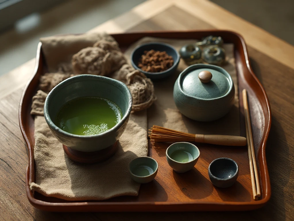 Bamboo whisk frothing bright green matcha in a chawan bowl, zen atmosphere