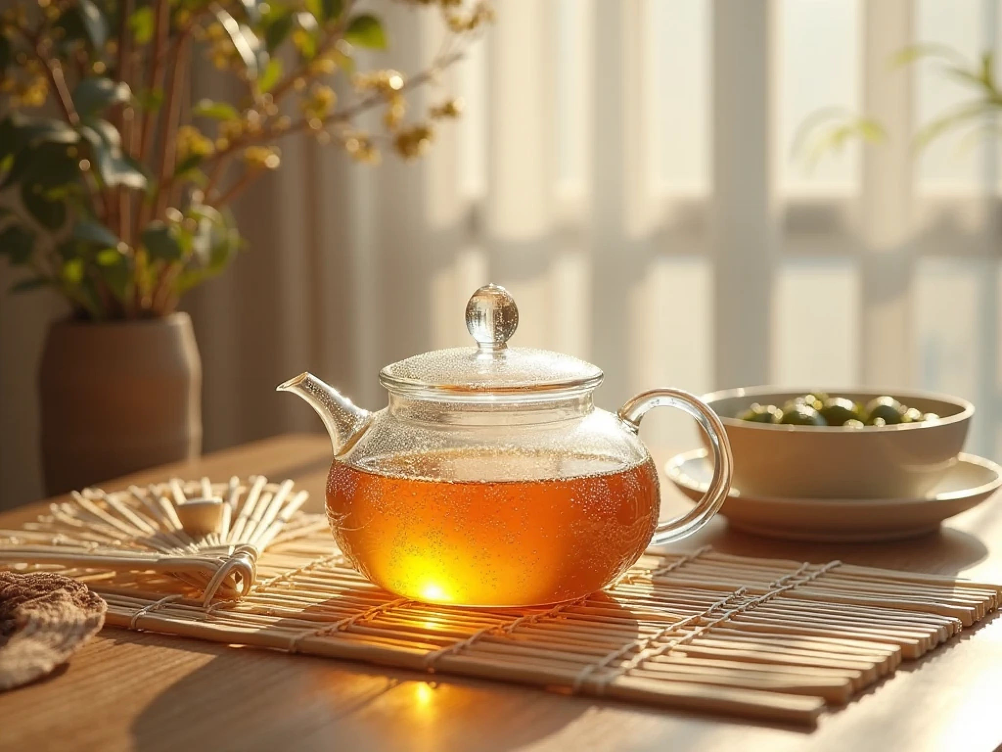 Modern glass pitcher with golden Dianhong tea leaves steeping in ice