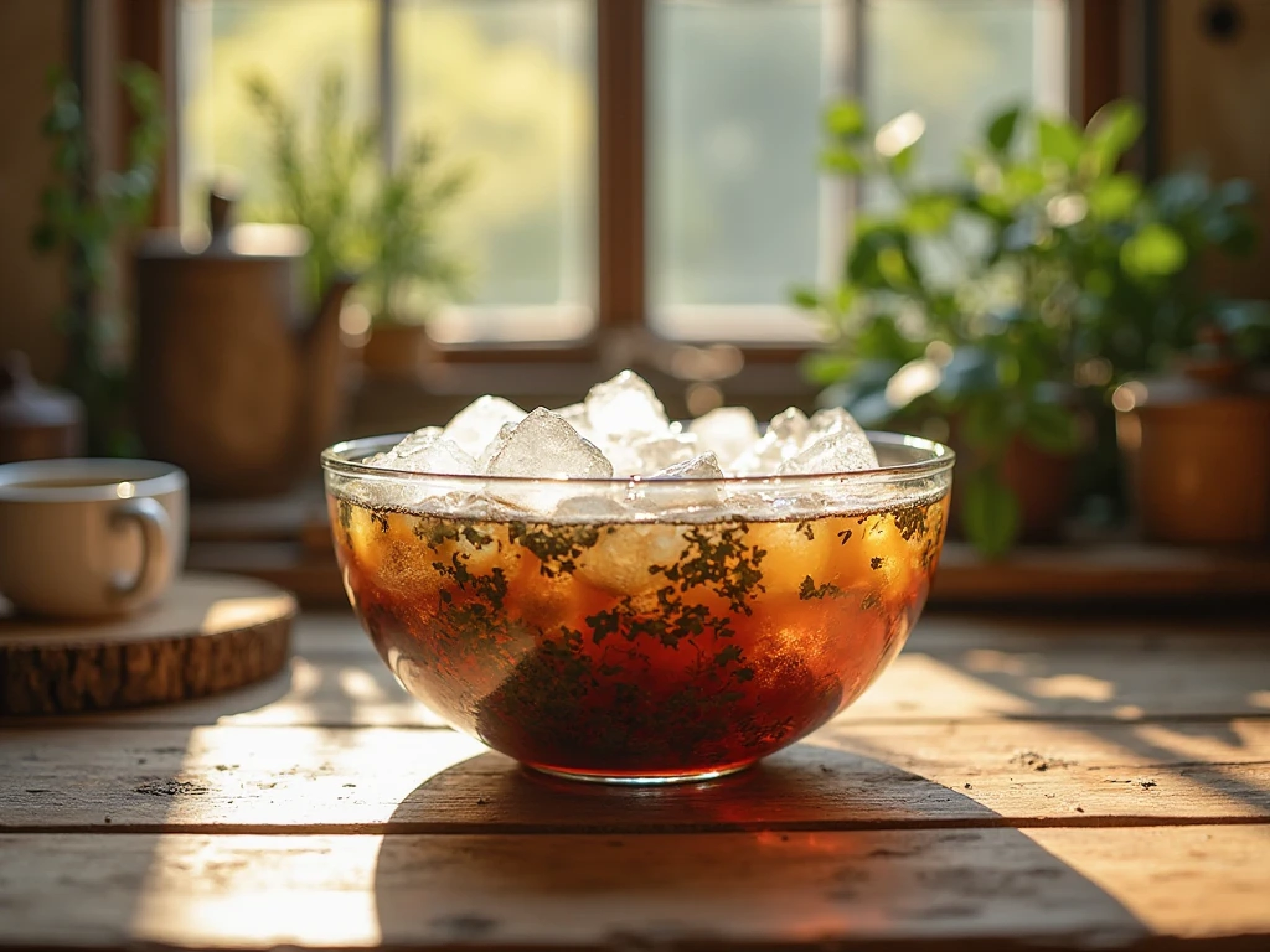 Dianhong black tea leaves unfurling slowly in melting ice, honey amber tones in the water, macro photography, dreamy summer atmosphere, poetic style