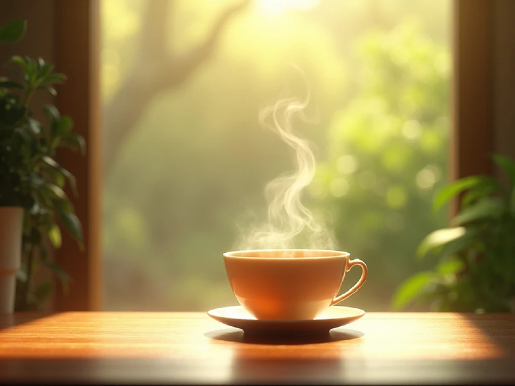peaceful energy steam rising from a single cup of tea placed near a window with morning sunlight, background blurred with greenery, symbolizing clarity, vitality, and peaceful energy.