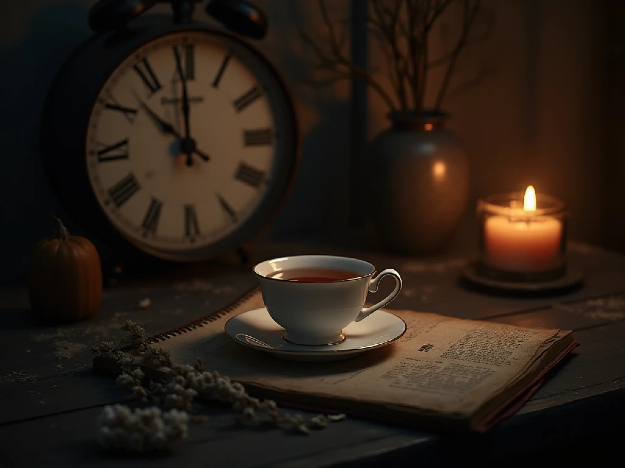 A cozy evening tea setup with a teacup, dim warm lighting, and a clock showing late night, emphasizing doubt with a subtle 