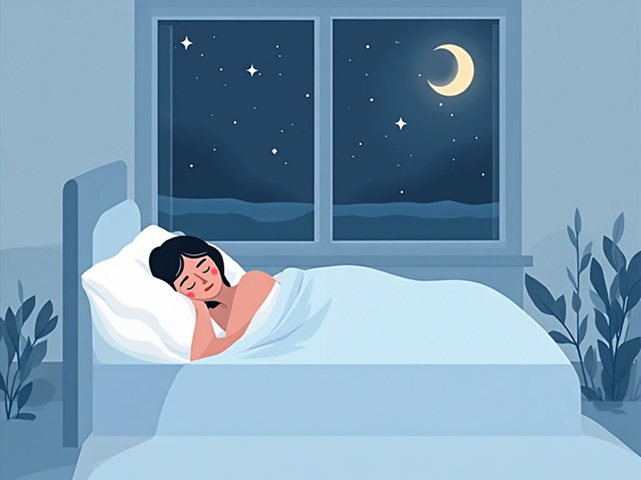 Simple infographic-style illustration of a person sleeping peacefully in bed, no tea visible, highlighting natural sleep environment with moon and stars.