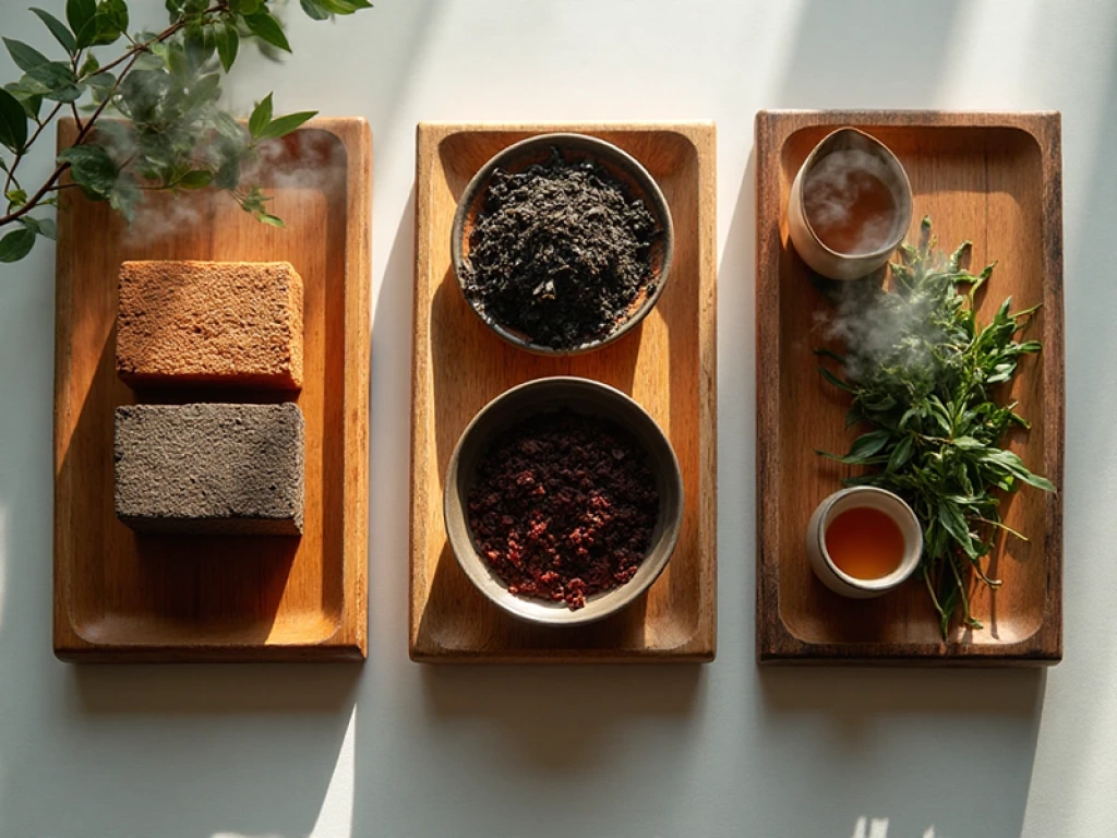 three types of tea A serene flat lay of three types of tea: raw Pu-erh in compressed cake form, loose black tea with deep reddish tones, and fresh green tea leaves