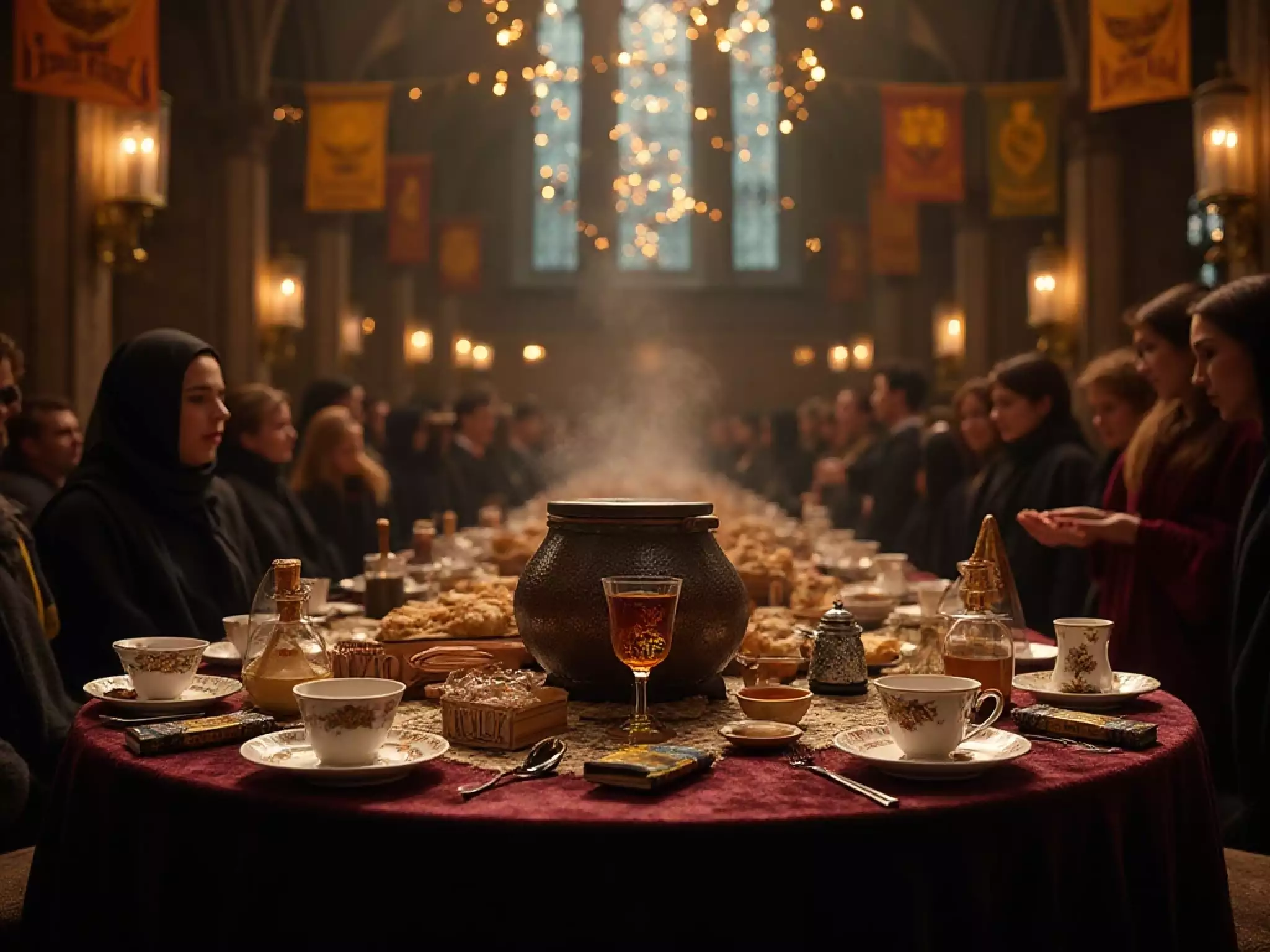 A grand Hogwarts themed afternoon tea set up in a hall resembling the Great Hall with floating candles, long wooden tables, and wizardry-inspired tea service.