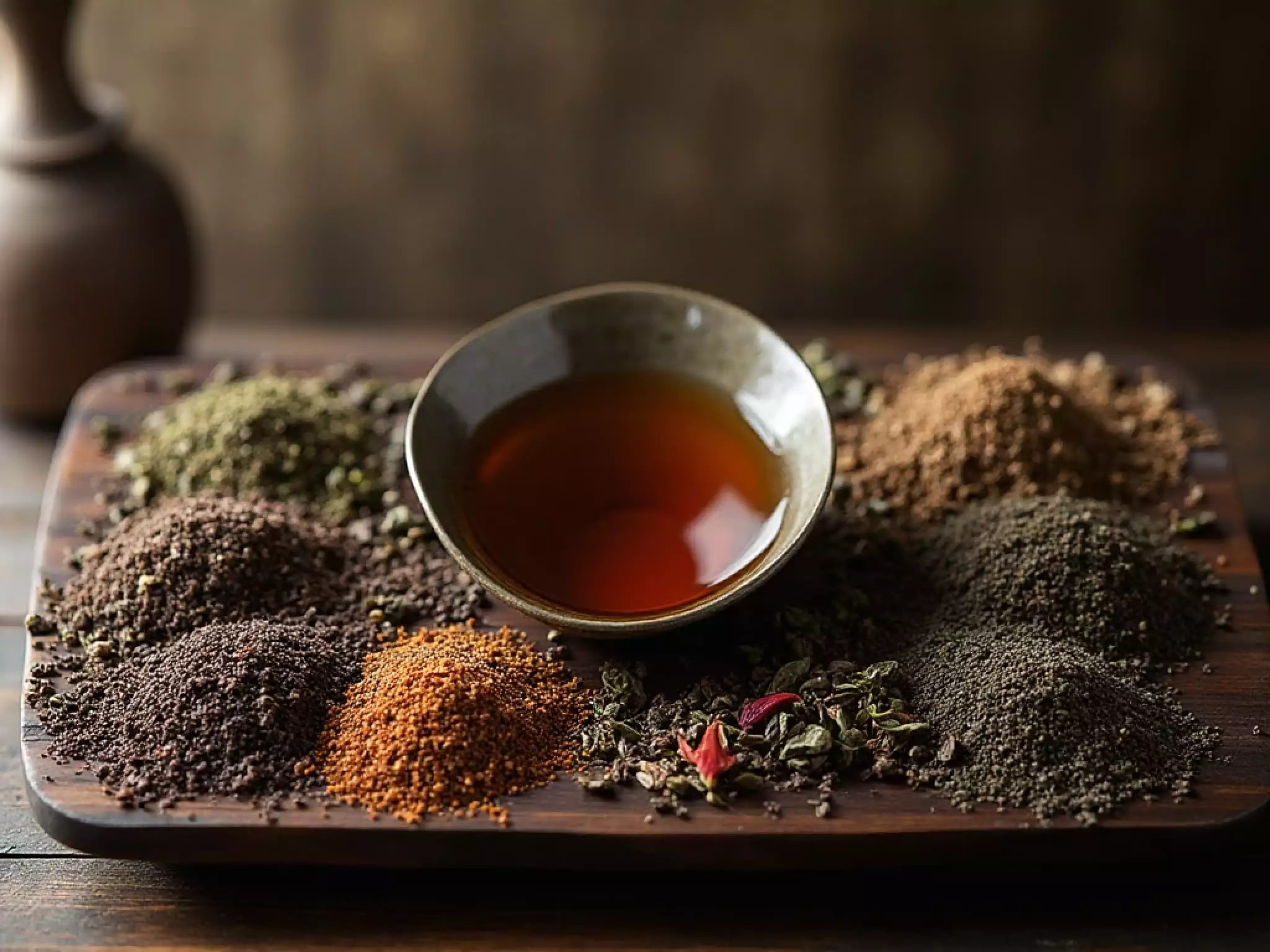 A selection of Pu-erh teas, including mixed harvest, single plant, and blended varieties, displayed with a gaiwan on a rustic wooden tray