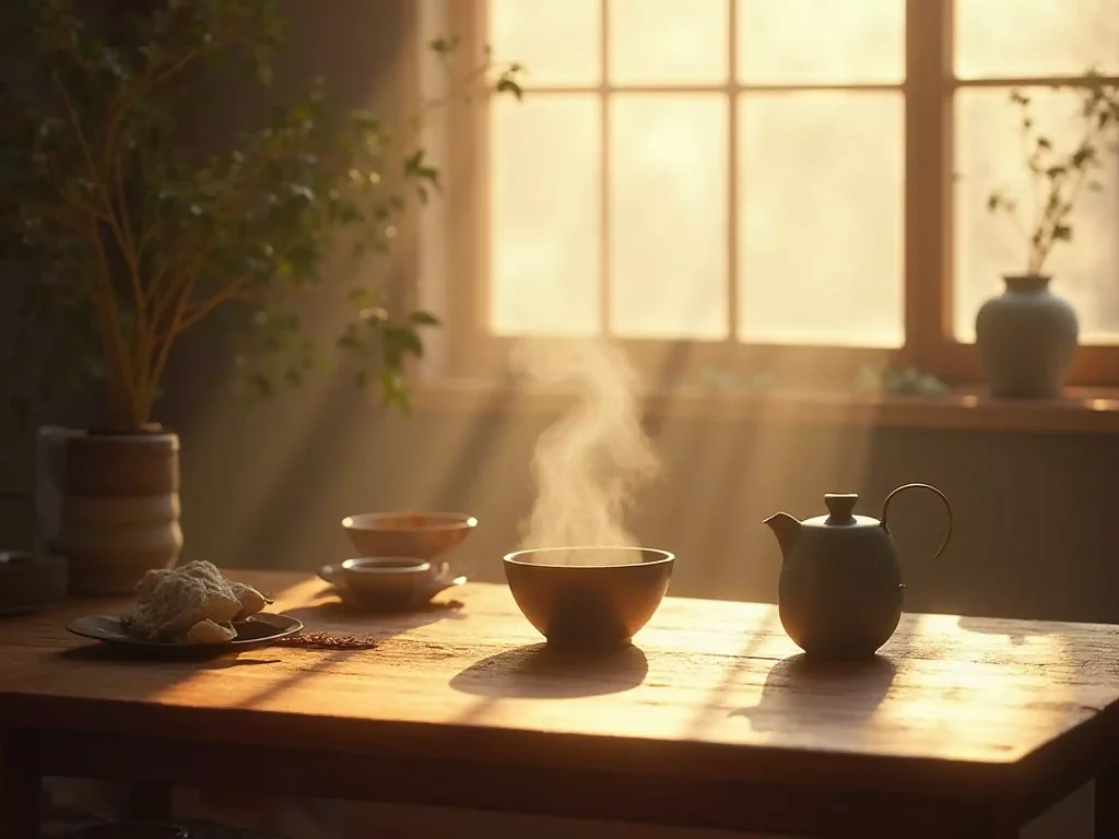 A serene morning scene with a wooden tea table near a window, soft sunlight shining on a steaming porcelain gaiwan of raw Pu-erh, minimal Zen-style decor, warm natural tones.