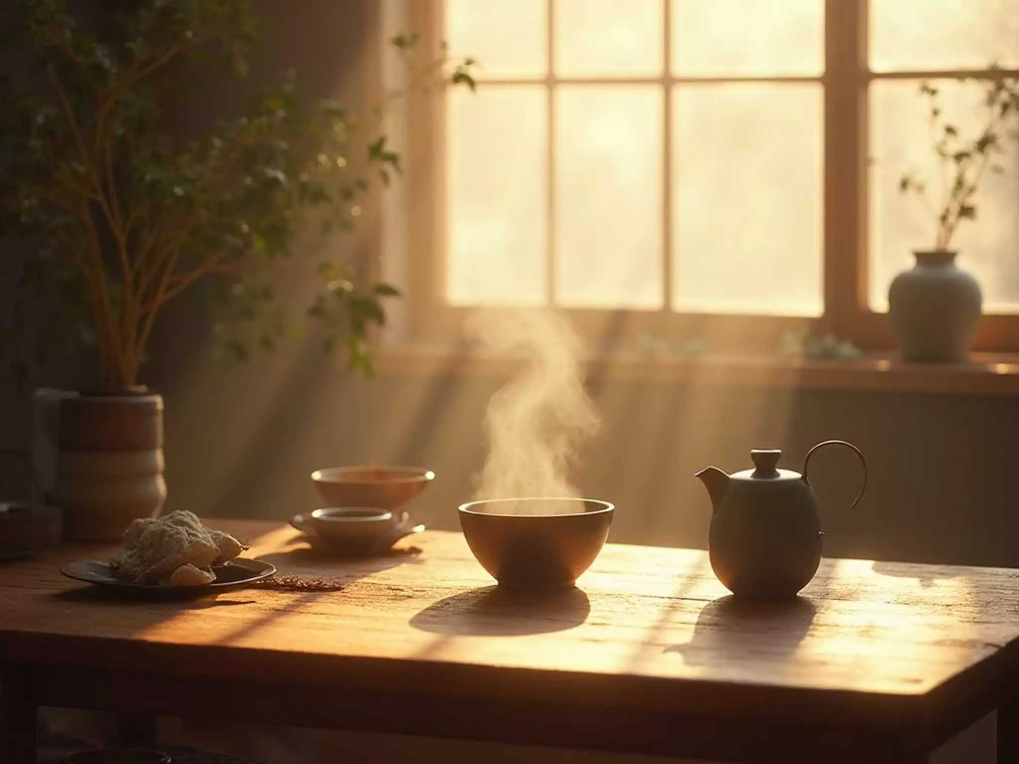 A serene morning scene with a wooden tea table near a window, soft sunlight shining on a steaming porcelain gaiwan of raw Pu-erh, minimal Zen-style decor, warm natural tones.