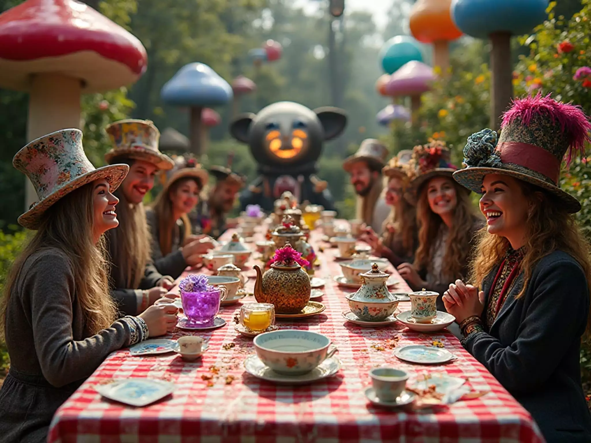 A colorful and whimsical Mad Hatter's tea party outdoors with mismatched teacups, oversized playing cards, and vibrant floral decorations in Wonderland style.