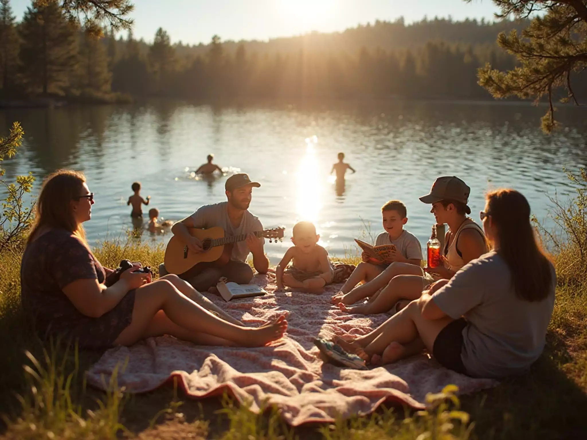 Friends enjoying a picnic by Big Bear Lake with mountains in the background