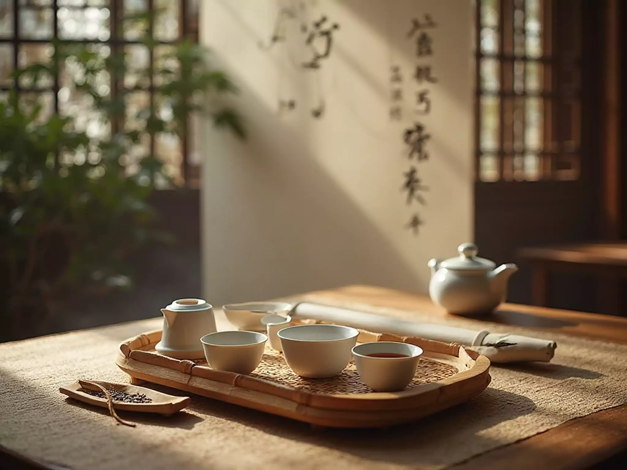 Refined Chinese tea table scene inspired by Tang and Song dynasty aesthetics with porcelain teacups and bamboo tray
