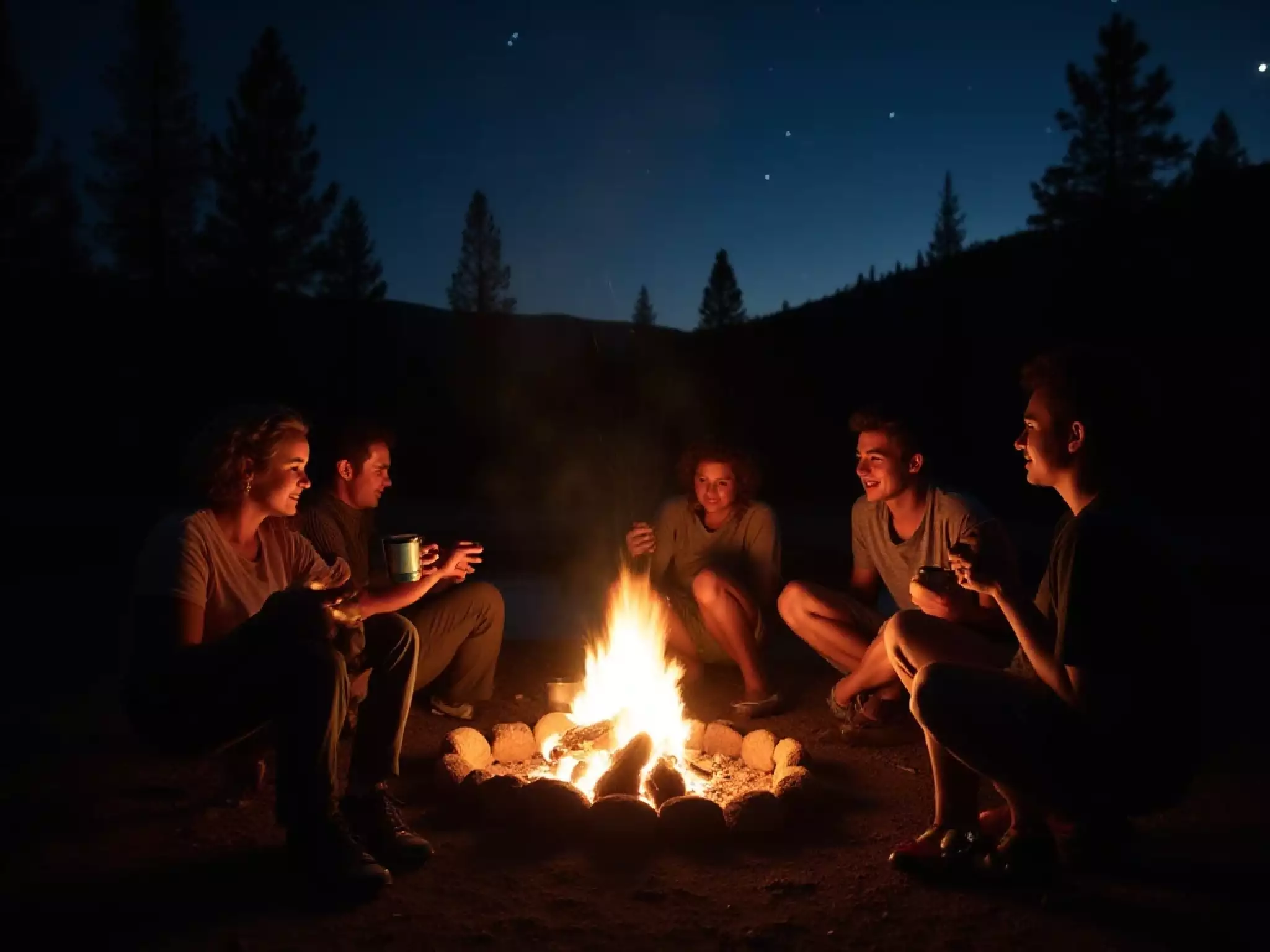Bonfire glowing at Big Bear Lake campsite under a starry sky