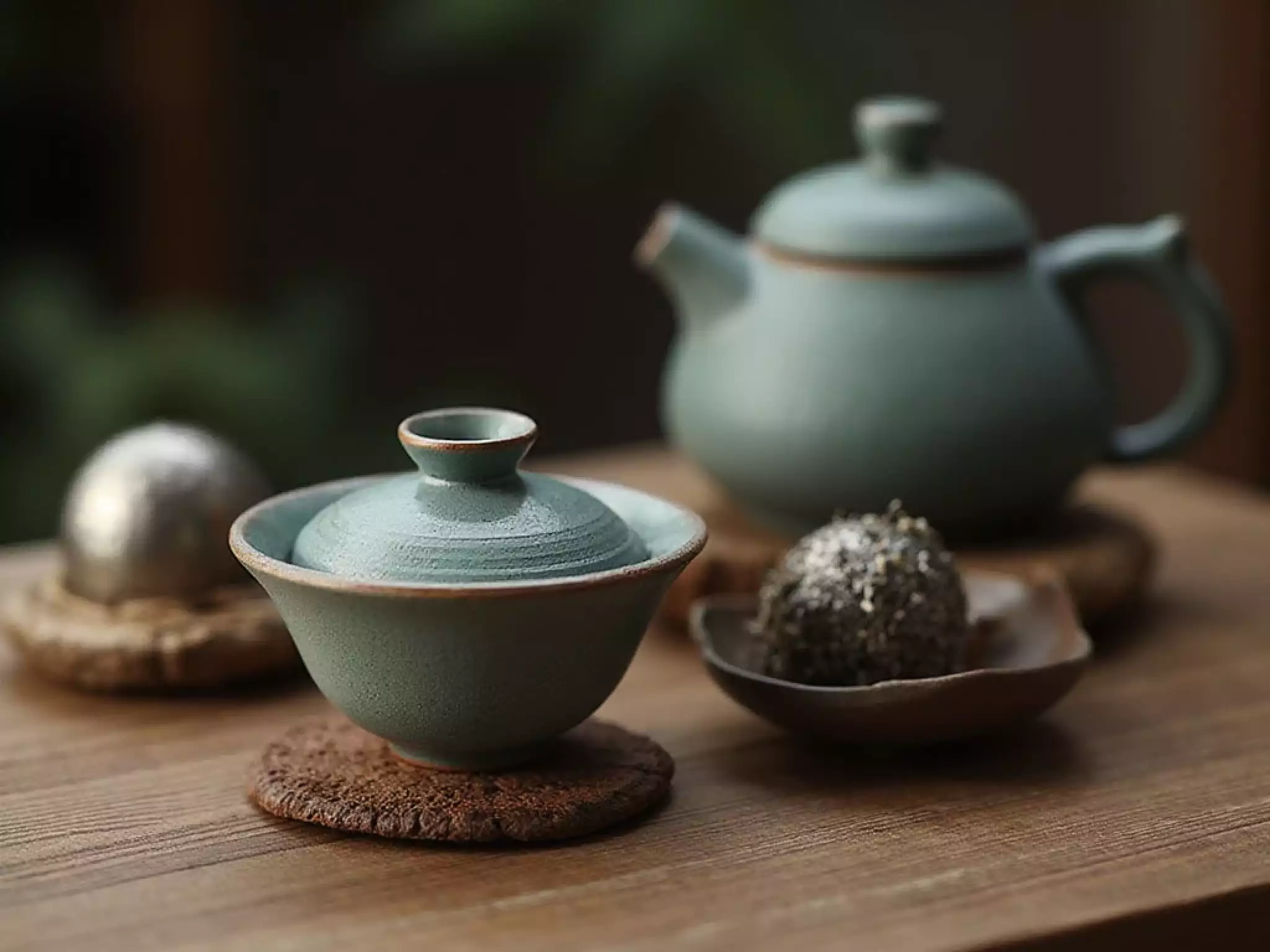 Gaiwan, Yixing teapot, and metal tea ball for brewing Shai Hong
