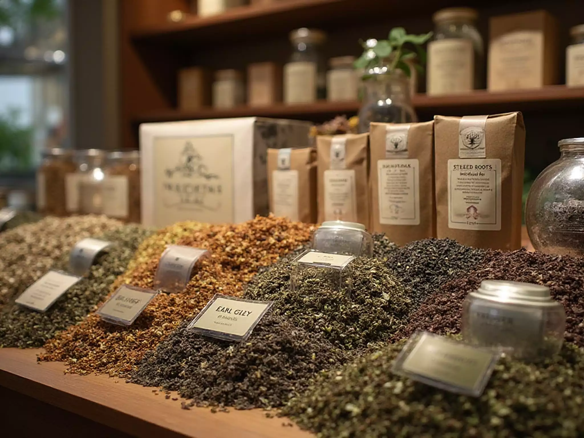 An assortment of loose leaf tea varieties including green Longjing leaves, dark aged Pu-erh, and citrus-scented Earl Grey displayed on a wooden surface