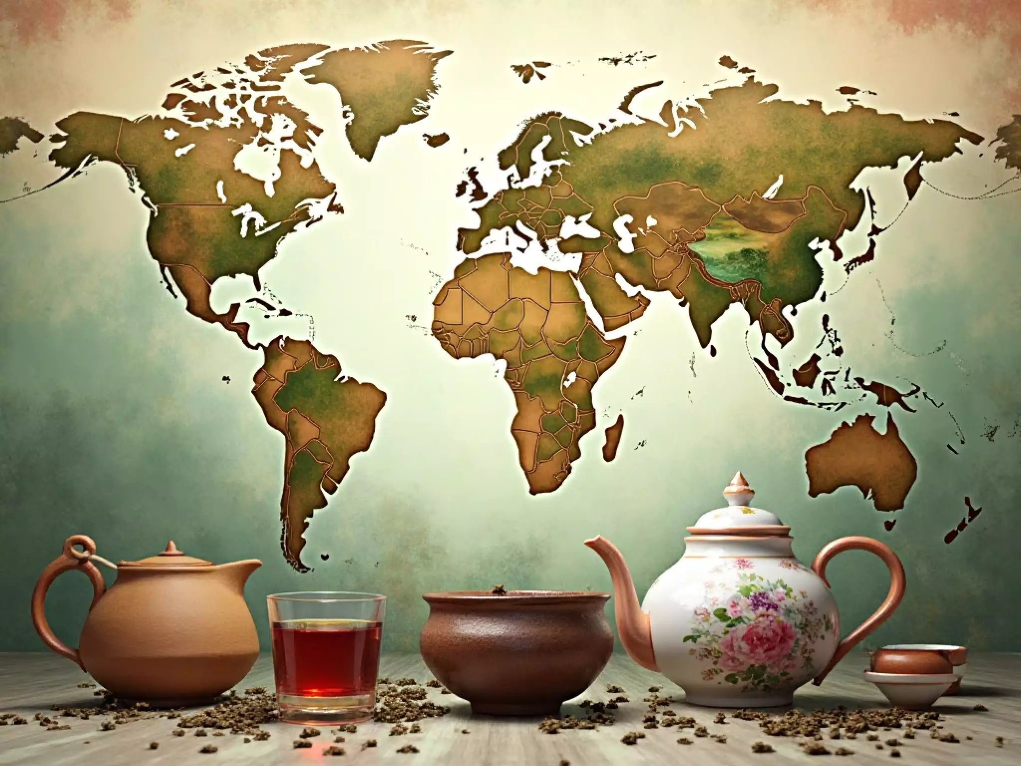 World map with tea cups and global trade routes showing sustainable tea flow from Yunnan to global markets