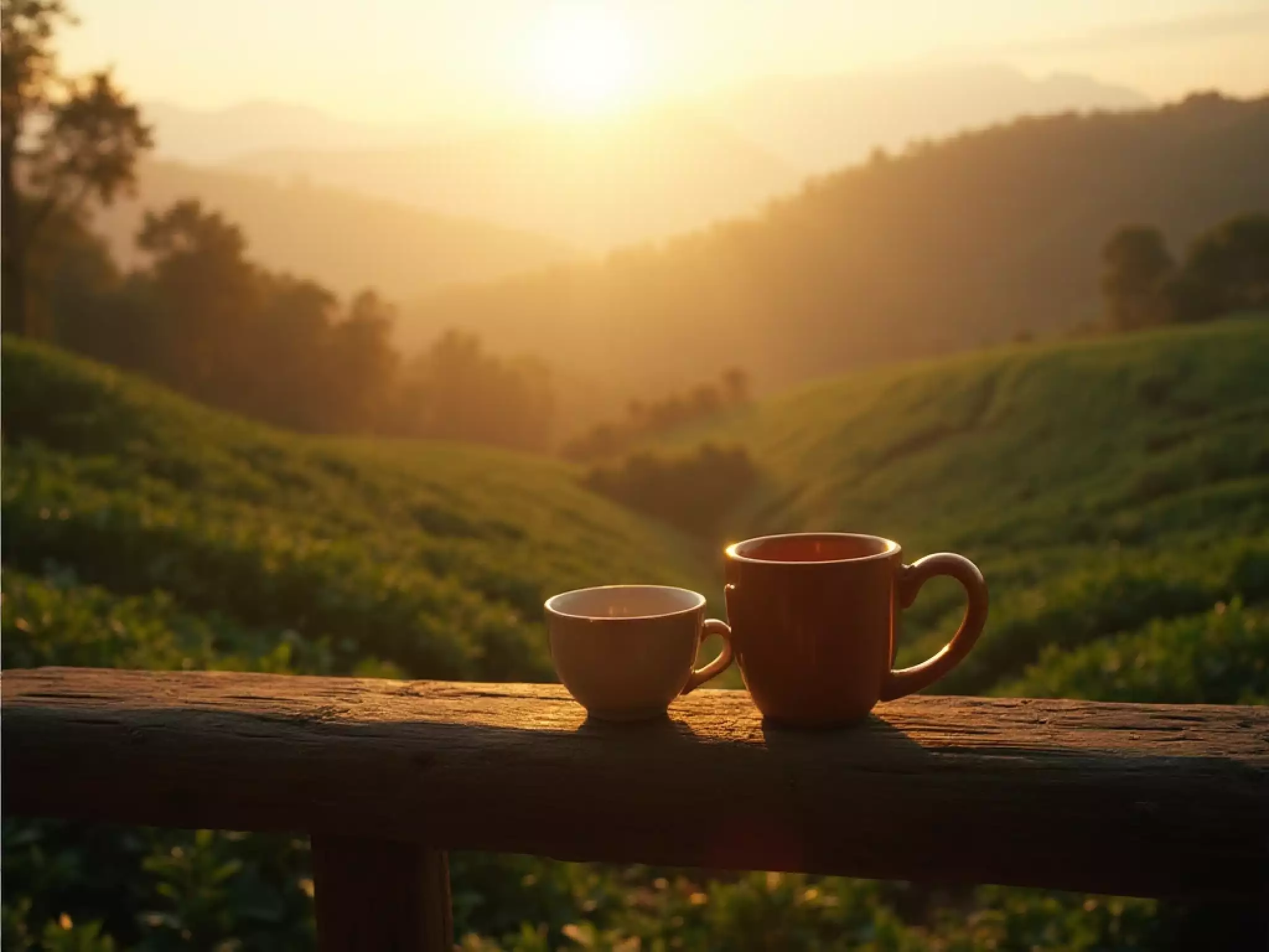 A rustic table with a steaming cup of coffee and a gaiwan of raw Pu-erh, surrounded by coffee beans and tea leaves in soft morning light