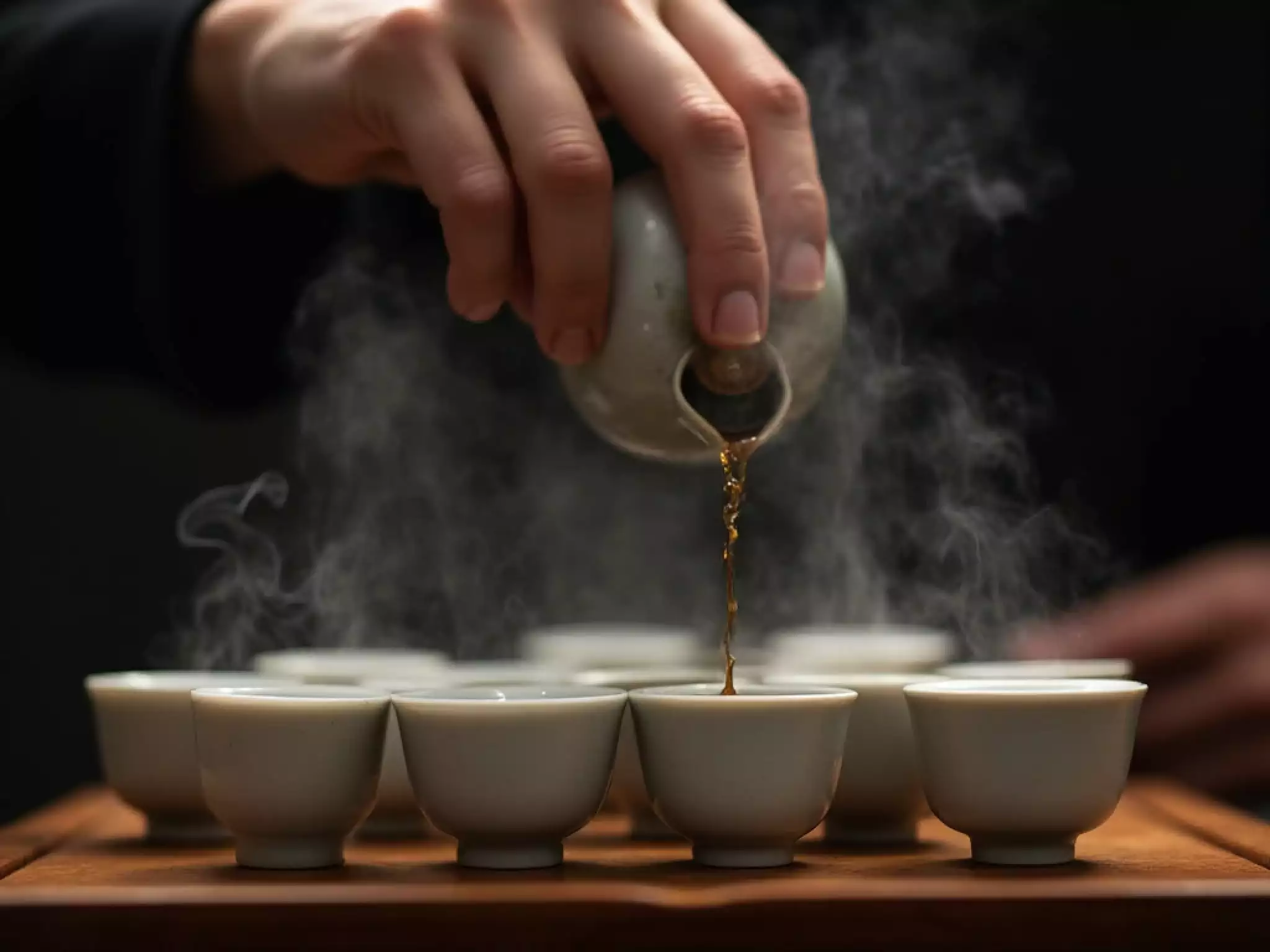 A hand gracefully pouring gongfu tea into small porcelain cups with steam rising, focus on the seven-tenths full level