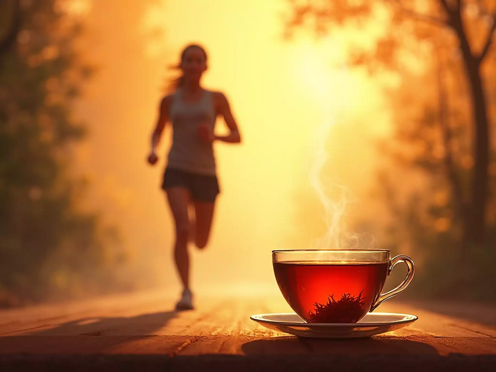 A dynamic artistic silhouette of a person jogging lightly with a teacup of Pu-erh in the foreground, symbolizing metabolism boost and healthy lifestyle.