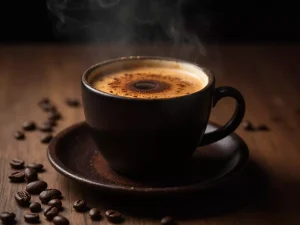 Close-up of a steaming cup of dark roasted coffee on a wooden surface, coffee beans scattered around,