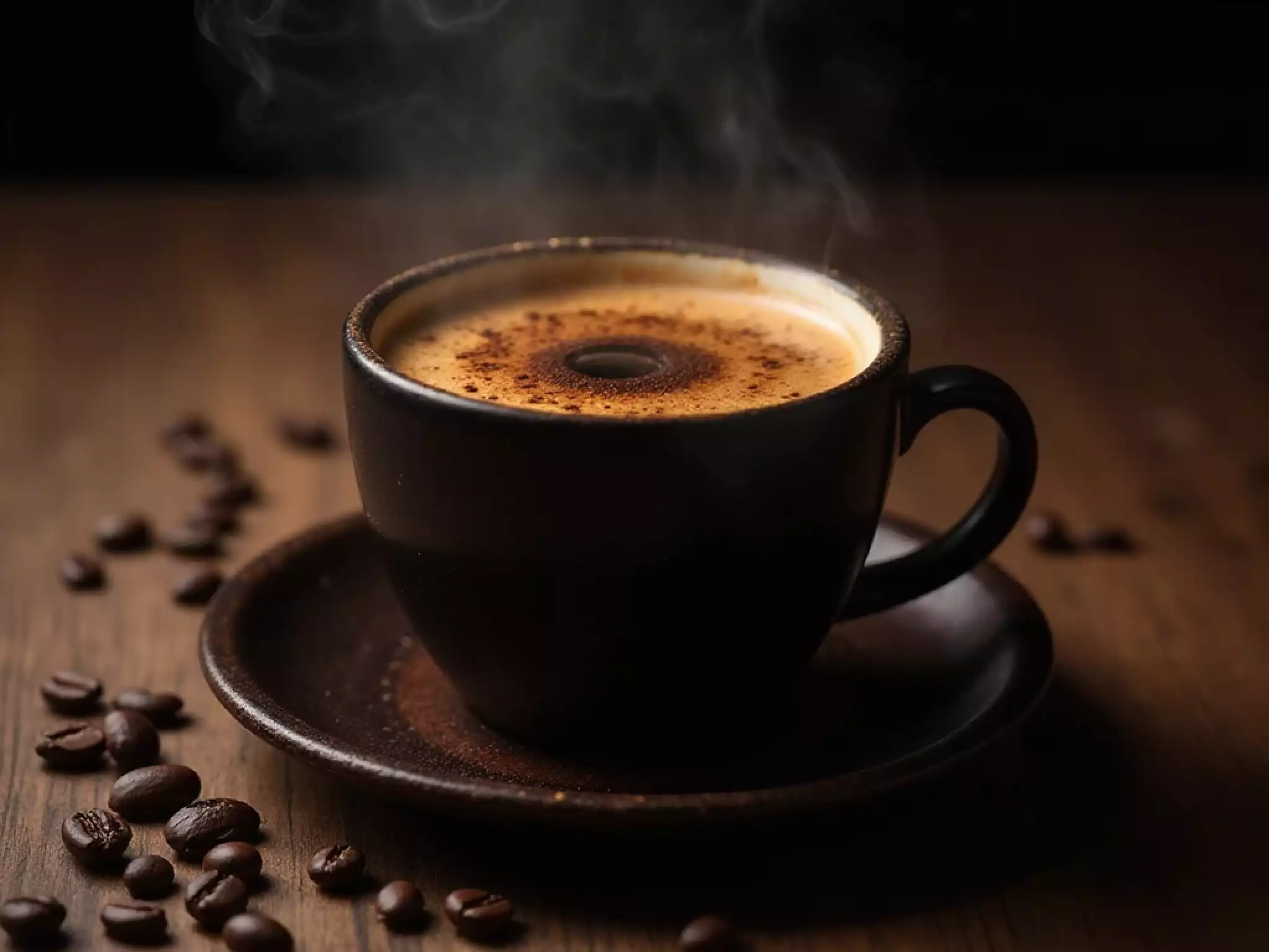 A steaming cup of dark-roast coffee in a ceramic mug, surrounded by roasted coffee beans on a wooden surface, in soft natural light