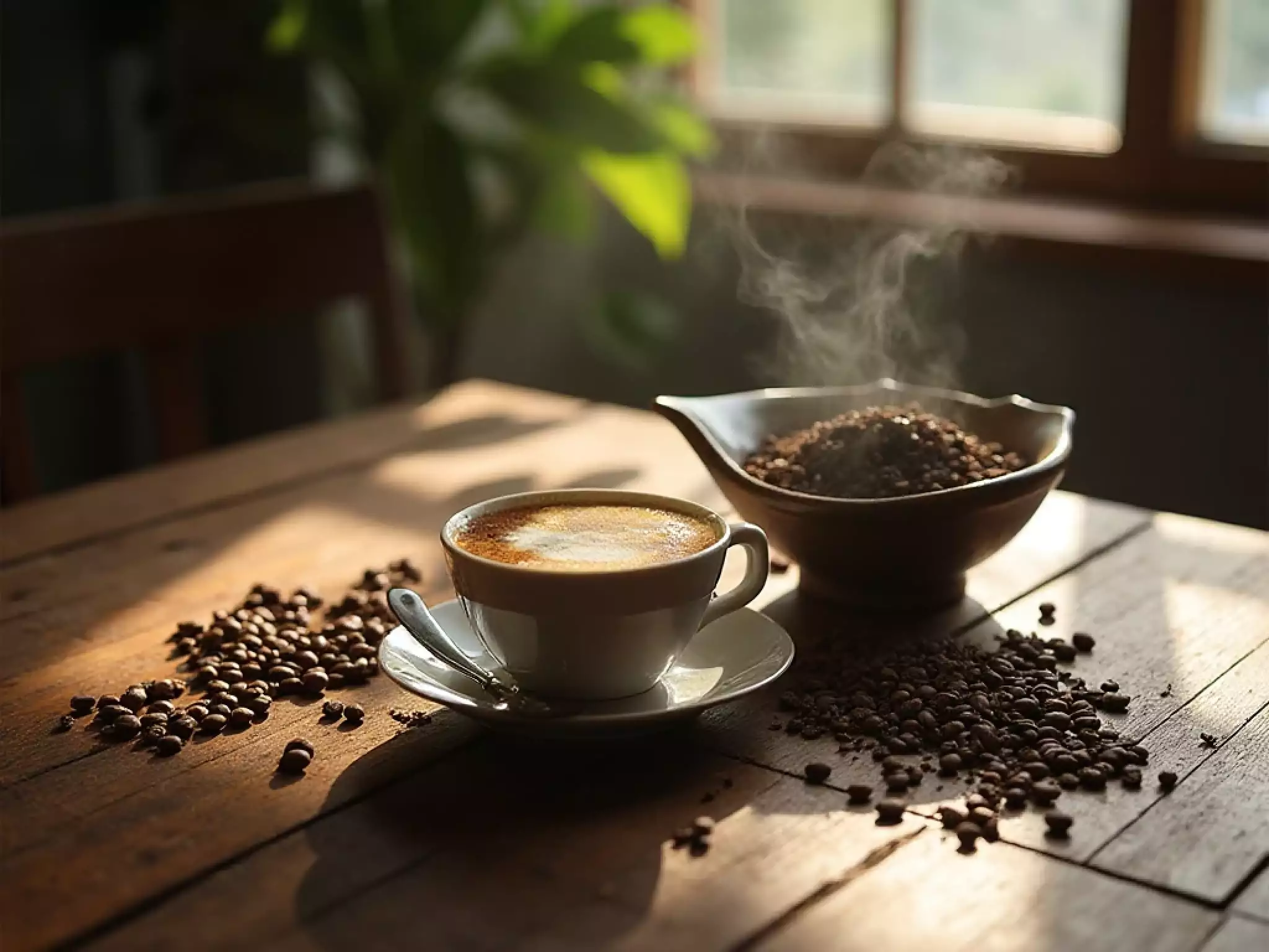A steaming cup of espresso on a rustic wooden table, with coffee beans scattered around, in warm morning light