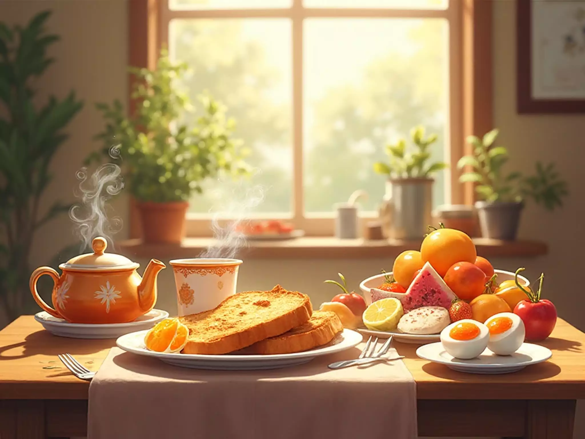 Cozy breakfast scene: a pot of steaming tea with toast, boiled eggs, and fresh fruit on a rustic table, morning sunlight creating a warm inviting mood.