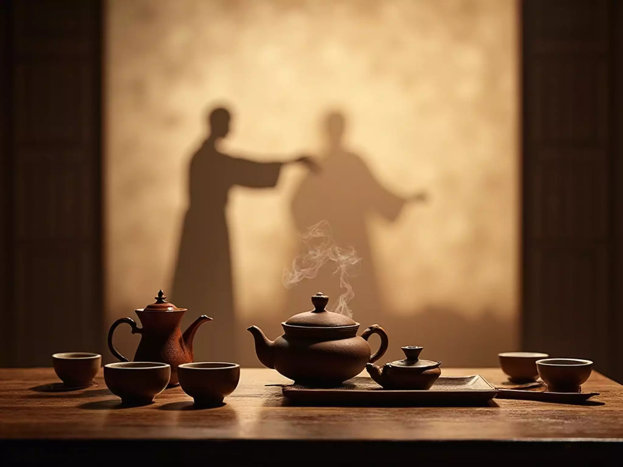 Elegant tea ceremony table in a minimalist Chinese style room, clay teapot with steam rising, cups arranged neatly, in the background a silhouette practicing Tai Chi through a paper screen, warm soft lighting, harmony of tea and Tai Chi philosophy, artistic and contemplative atmosphere