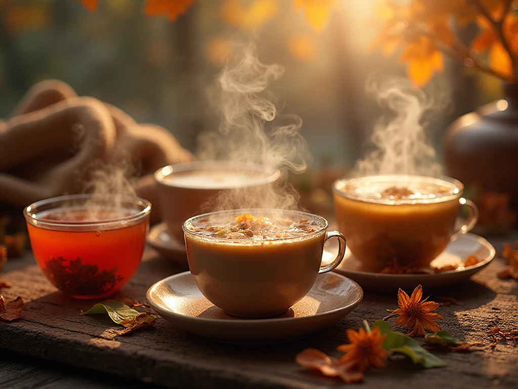 Cozy autumn tea setting with falling leaves