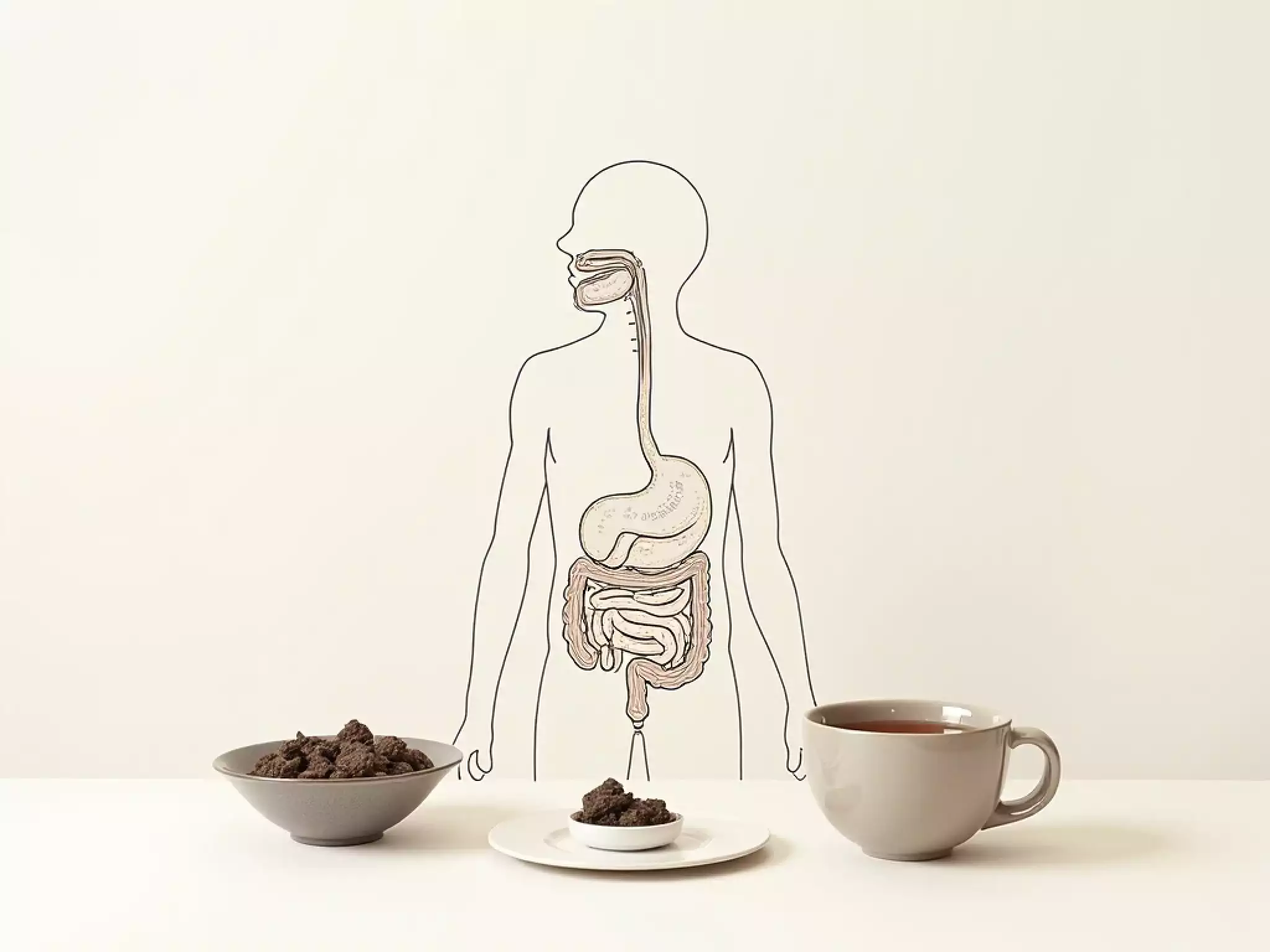 A clean, semi-illustrated diagram style image showing the human digestive system including stomach and intestines beside a teacup of raw Pu-erh tea.