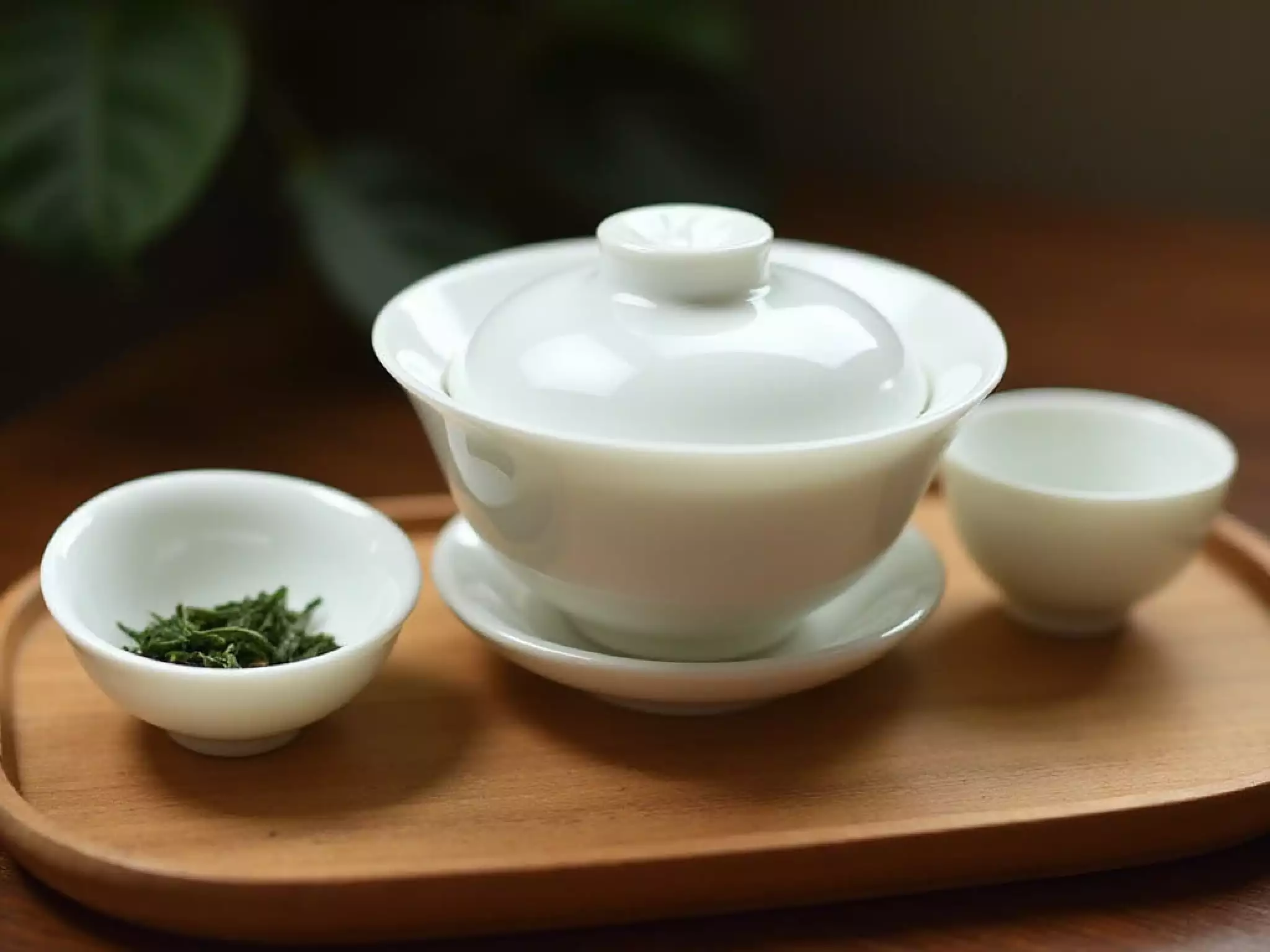 A serene tea-tasting setup with a gaiwan, white porcelain cups, and green tea leaves on a wooden tray