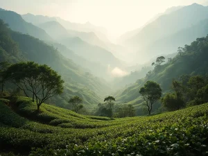 A scenic Yunnan mountain landscape with sunlight hitting tea terraces, large-leaf tea trees in the foreground, some freshly picked leaves laid out for drying