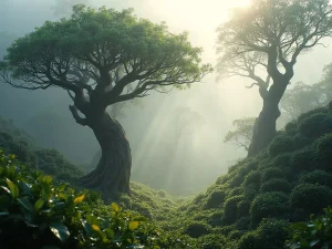 Panoramic view of high-altitude organic tea plantations in Yunnan highlands